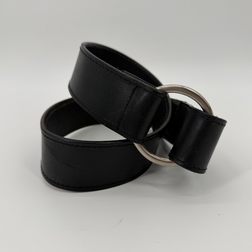 Black Leather O-Ring Buckle Belt Minimalist Silver Tone Ring Size M